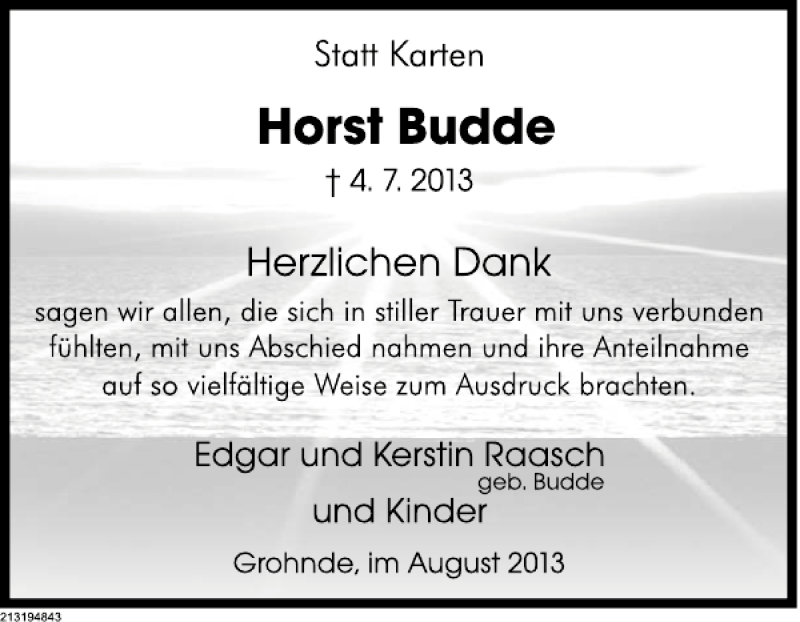  Traueranzeige für Horst Budde vom 03.08.2013 aus Deister- und Weserzeitung