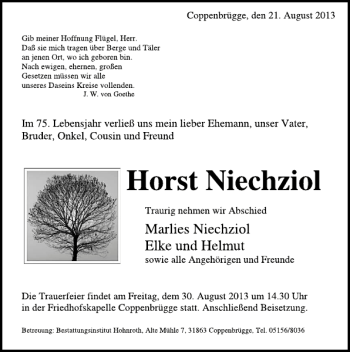 Traueranzeige von Horst Niechziol von Deister- und Weserzeitung