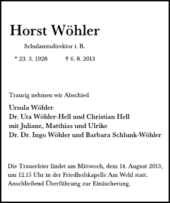 Traueranzeige von Horst Wöhler von Deister- und Weserzeitung