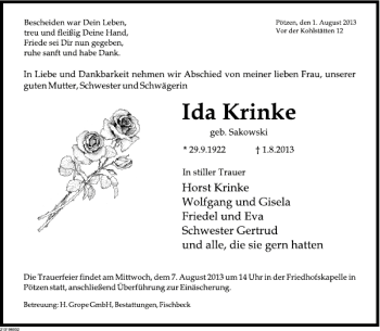 Traueranzeige von Ida Krinke von Deister- und Weserzeitung