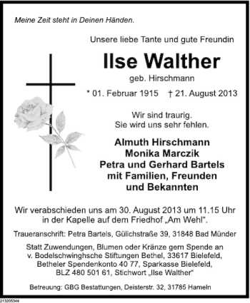Traueranzeige von Ilse Walther von Deister- und Weserzeitung
