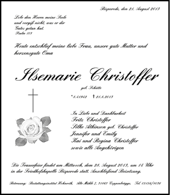 Traueranzeige von Ilsemarie Christoffer von Deister- und Weserzeitung