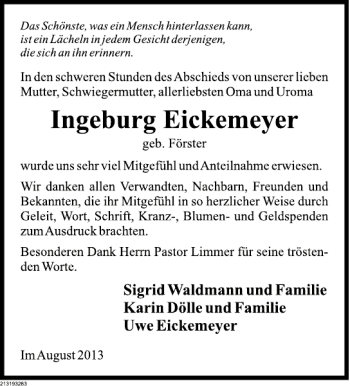 Traueranzeige von Ingeburg Eickemeyer von Deister- und Weserzeitung