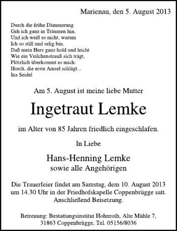 Traueranzeige von Ingetraut Lemke von Deister- und Weserzeitung