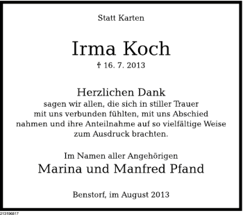 Traueranzeige von Irma Koch von Deister- und Weserzeitung
