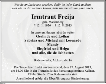 Traueranzeige von Irmtraut Freija von Deister- und Weserzeitung