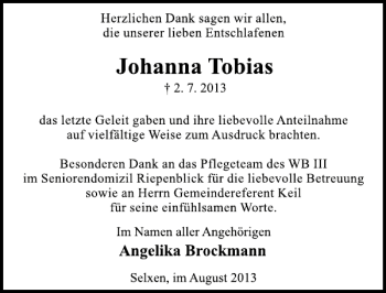 Traueranzeige von Johanna Tobias von Deister- und Weserzeitung