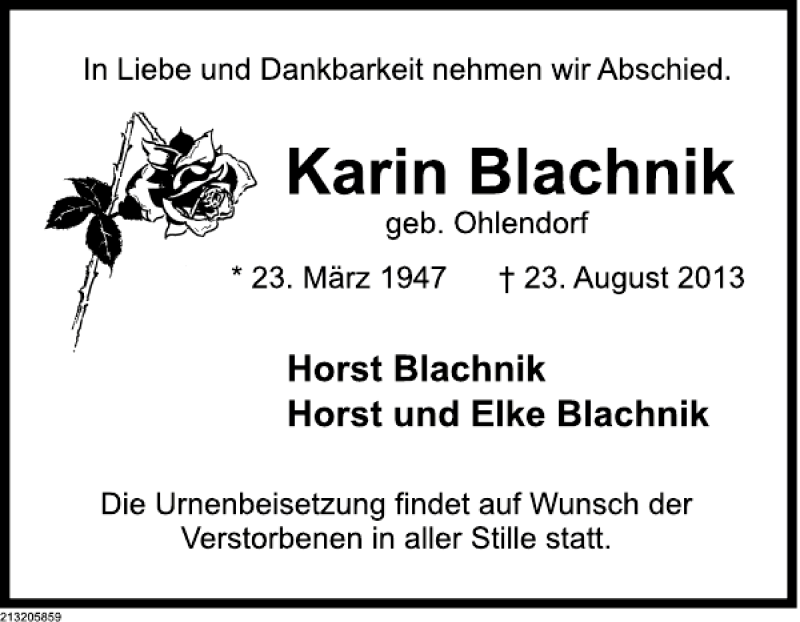 Traueranzeige für Karin Blachnik vom 28.08.2013 aus Deister- und Weserzeitung