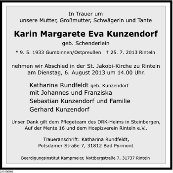 Traueranzeige von Karin M. E. Kunzendorf von Deister- und Weserzeitung