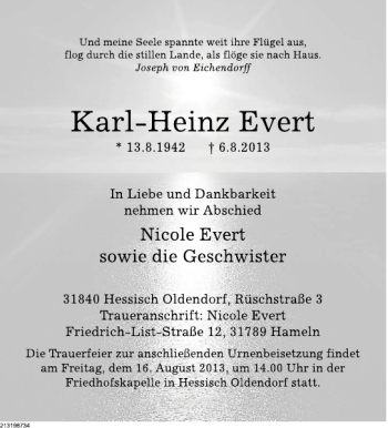 Traueranzeige von Karl-Heinz Evert von Deister- und Weserzeitung