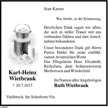 Traueranzeige von Karl-Heinz Wietbrauk von Deister- und Weserzeitung