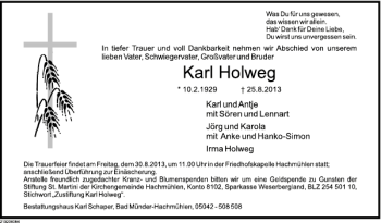 Traueranzeige von Karl Holweg von Deister- und Weserzeitung