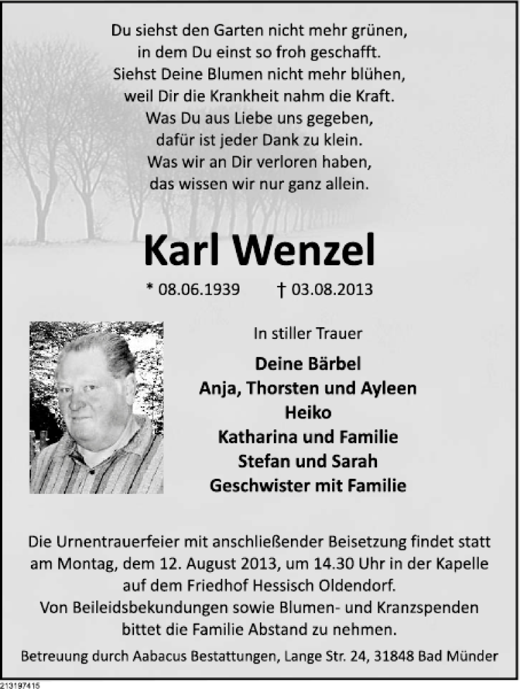  Traueranzeige für Karl Wenzel vom 10.08.2013 aus Deister- und Weserzeitung