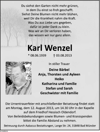 Traueranzeige von Karl Wenzel von Deister- und Weserzeitung