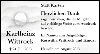 Traueranzeige von Karlheinz Wittrock von Deister- und Weserzeitung