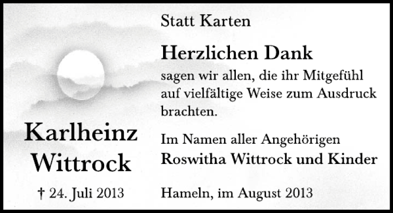 Traueranzeige für Karlheinz Wittrock vom 24.08.2013 aus Deister- und Weserzeitung