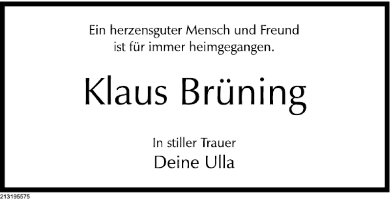  Traueranzeige für Klaus Brüning vom 03.08.2013 aus Deister- und Weserzeitung