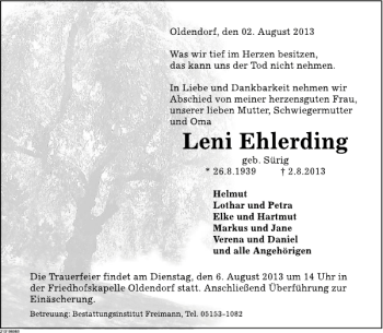Traueranzeige von Leni Ehlerding von Deister- und Weserzeitung