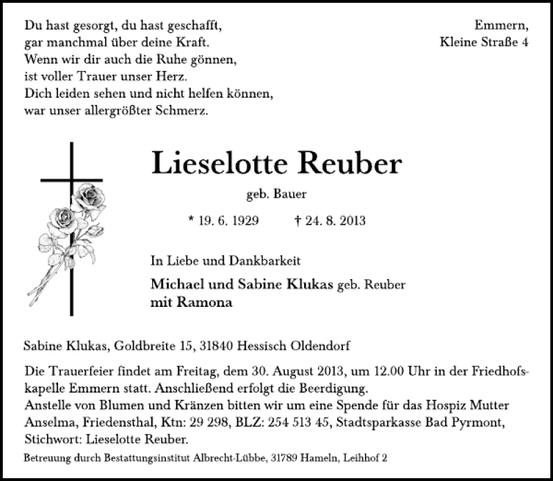  Traueranzeige für Lieselotte Reuber vom 27.08.2013 aus Deister- und Weserzeitung