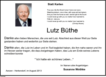 Traueranzeige von Lutz Büthe von Deister- und Weserzeitung
