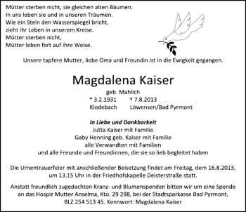 Traueranzeige von Magdalena Kaiser von Deister- und Weserzeitung