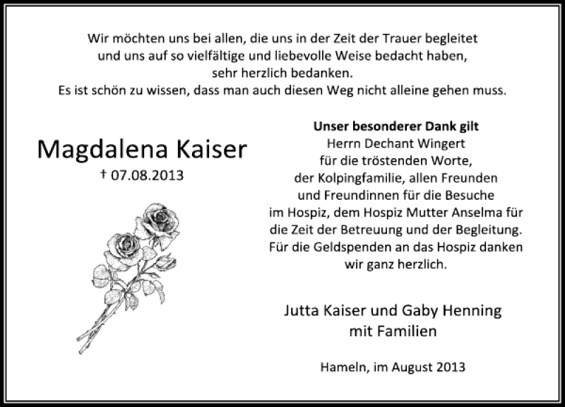  Traueranzeige für Magdalena Kaiser vom 24.08.2013 aus Deister- und Weserzeitung