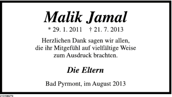 Traueranzeige von Malik Jamal von Deister- und Weserzeitung