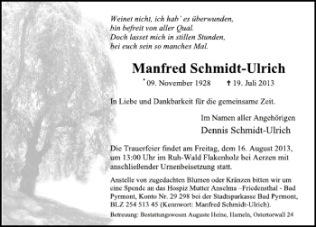 Traueranzeige von Manfred Schmidt-Ulrich von Deister- und Weserzeitung