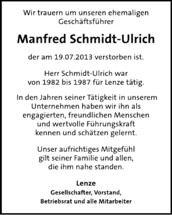 Traueranzeige von Manfred Schmidt Ulrich von Deister- und Weserzeitung