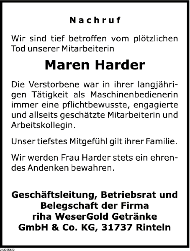  Traueranzeige für Maren Harder vom 24.08.2013 aus Deister- und Weserzeitung