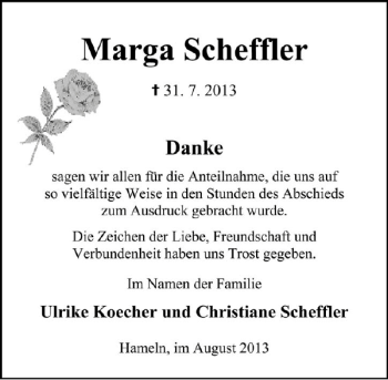 Traueranzeige von Marga Scheffler von Deister- und Weserzeitung
