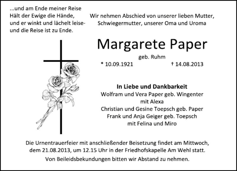  Traueranzeige für Margarete Paper vom 17.08.2013 aus Deister- und Weserzeitung