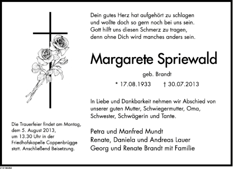  Traueranzeige für Margarete Spriewald vom 03.08.2013 aus Deister- und Weserzeitung