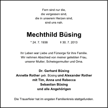 Traueranzeige von Mechthild Büsing von Deister- und Weserzeitung