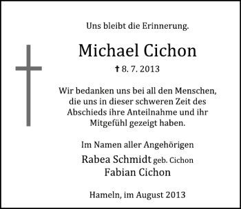 Traueranzeige von Michael Cichon von Deister- und Weserzeitung