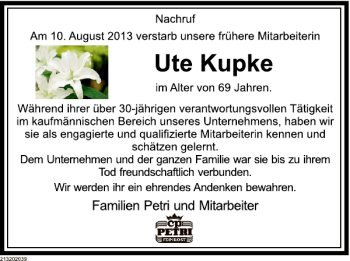 Traueranzeige von Nachruf Ute Kupke von Deister- und Weserzeitung