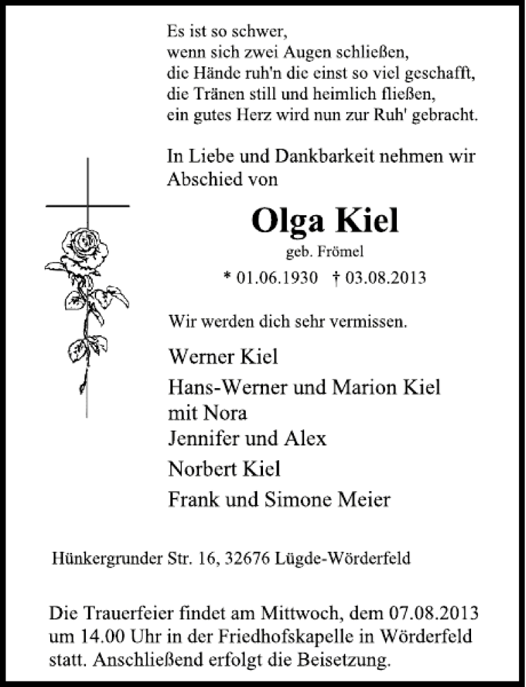  Traueranzeige für Olga Kiel vom 05.08.2013 aus Deister- und Weserzeitung