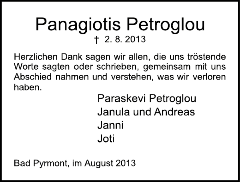  Traueranzeige für Panagiotis Petroglou vom 17.08.2013 aus Deister- und Weserzeitung
