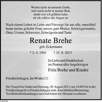 Traueranzeige von Renate Brehe von Deister- und Weserzeitung