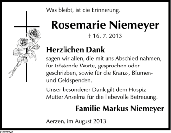 Traueranzeige von Rosemarie Niemeyer von Deister- und Weserzeitung
