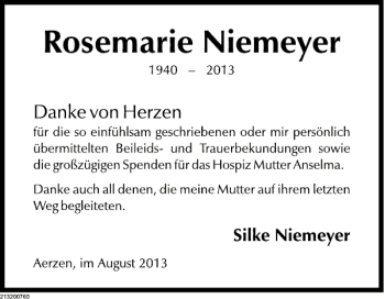 Traueranzeige von Rosemarie Niemeyer von Deister- und Weserzeitung
