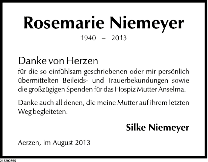  Traueranzeige für Rosemarie Niemeyer vom 17.08.2013 aus Deister- und Weserzeitung