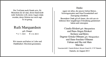 Traueranzeige von Ruth Marquardsen von Deister- und Weserzeitung