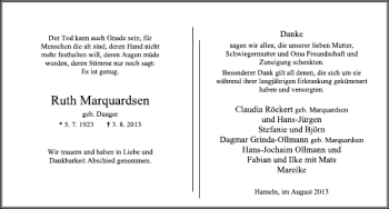 Traueranzeige von Ruth Marquardsen von Deister- und Weserzeitung