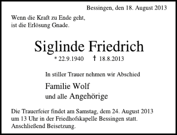 Traueranzeige von Siglinde Friedrich von Deister- und Weserzeitung