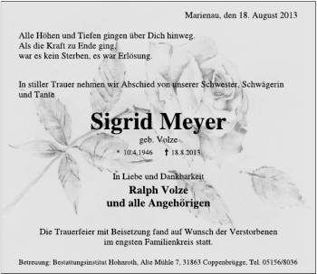 Traueranzeige von Sigrid Meyer von Deister- und Weserzeitung