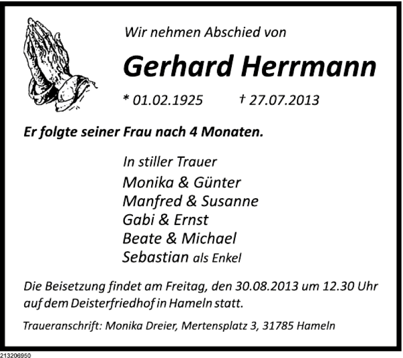  Traueranzeige für TA Gerhard Herrmann vom 29.08.2013 aus Deister- und Weserzeitung