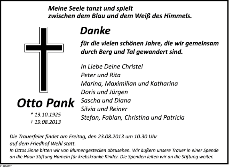  Traueranzeige für TA Otto Pank vom 22.08.2013 aus Deister- und Weserzeitung