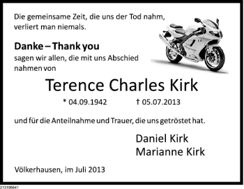 Traueranzeige von Terence Charles Kirk von Deister- und Weserzeitung
