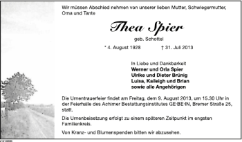 Traueranzeige von Thea Spier von Deister- und Weserzeitung